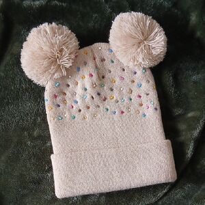 NWOT Adult Beige Beaded Pom-Pom Beanie